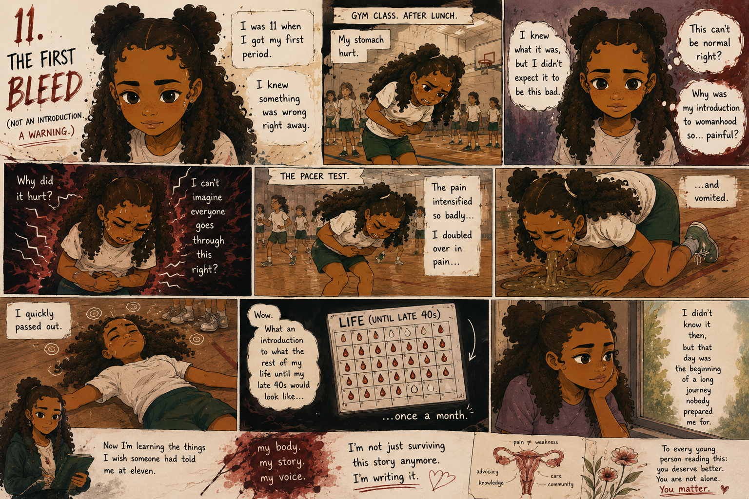 Manga page following an eleven-year-old through severe pain during her first period and toward knowledge and advocacy.