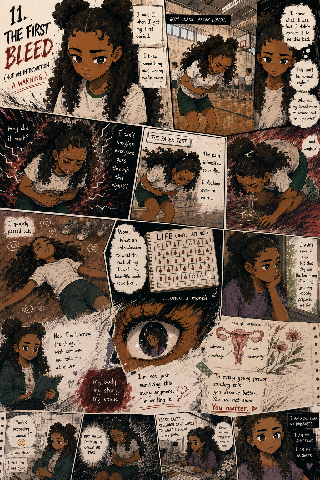 Vertical manga memoir concept page about a first period, chronic pain, and finding a voice through research and advocacy.